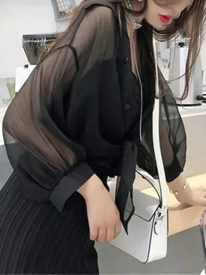 Women's Loose Tied Waist Blouse - Half Sleeve Chiffon Button-Up Shirt