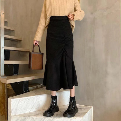 Women's Slim Fit High Waist Midi Skirt with Ruffles