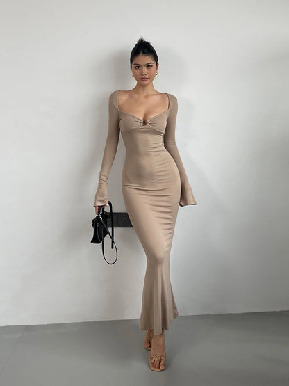 Elegant Women's V-Neck Dress with Flare Sleeves and High Waist Slim Fit Fish Tail Design