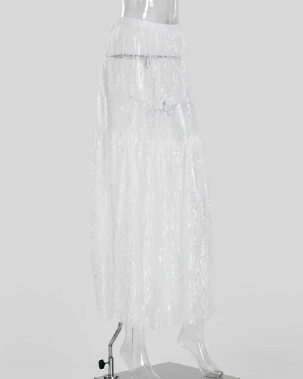 Elegant Jacquard Lace Sheer Maxi Skirt for Women with Elastic Waist and Transparent Design