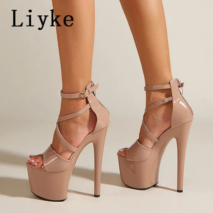 Liyke Women’s  Ankle Strap Platform Heels - 17CM High Open Toe Faux Leather Shoes