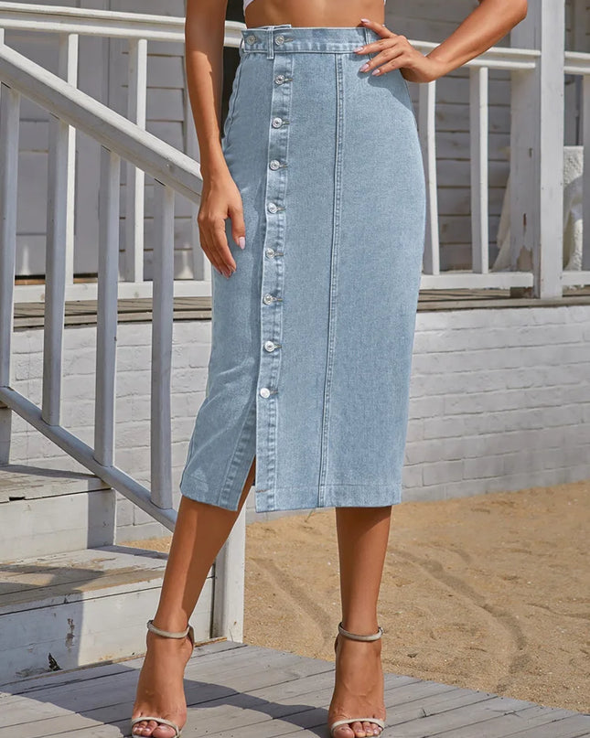 Elegant Women's Denim Skirt - High Waist Button Skirt with Side Split