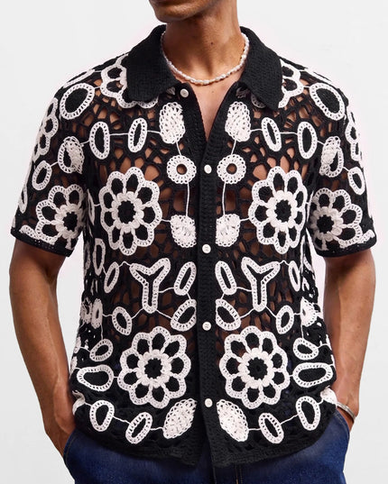 Men's Crochet Short Sleeve Casual Button-Down Shirt