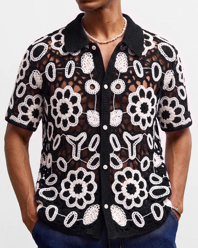 Men's Crochet Short Sleeve Casual Button-Down Shirt