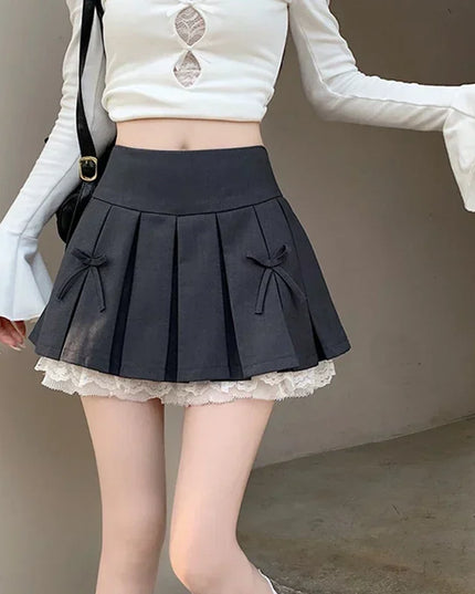 High Waist Pleated Mini Skirt for Women - Lace Preppy Bow Skirt