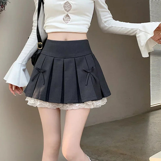 High Waist Pleated Mini Skirt for Women - Lace Preppy Bow Skirt