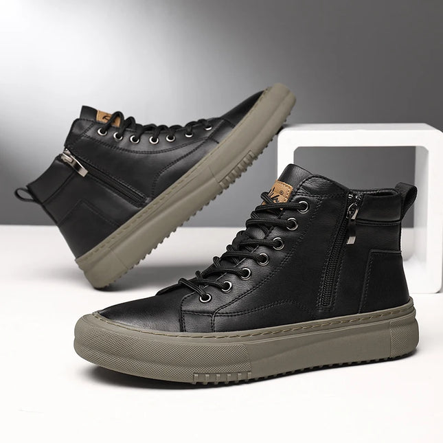 Men's Breathable High-Top Sneakers with Lace-Up Design and Side Zipper