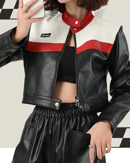 Women's Faux PU Leather Motorcycle Jacket with Zipper