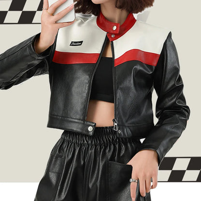 Women's Faux PU Leather Motorcycle Jacket with Zipper