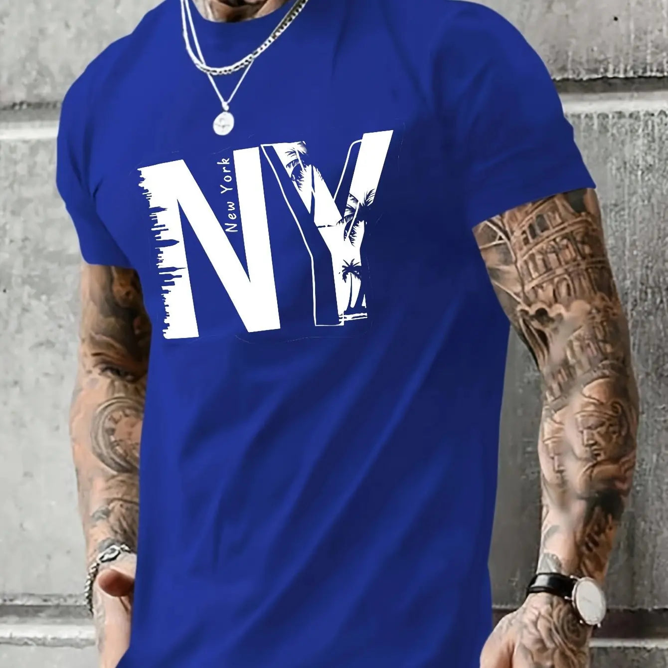 Men's 100% Cotton Casual T-Shirt with NY Letter Print