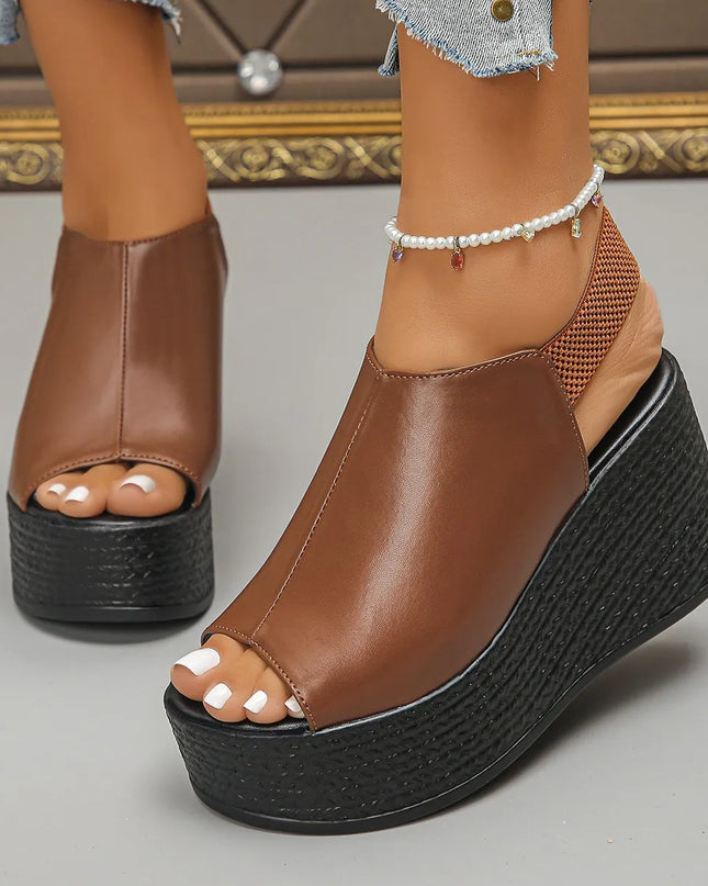 Women’s Faux Leather Wedge Sandals with Open Toe