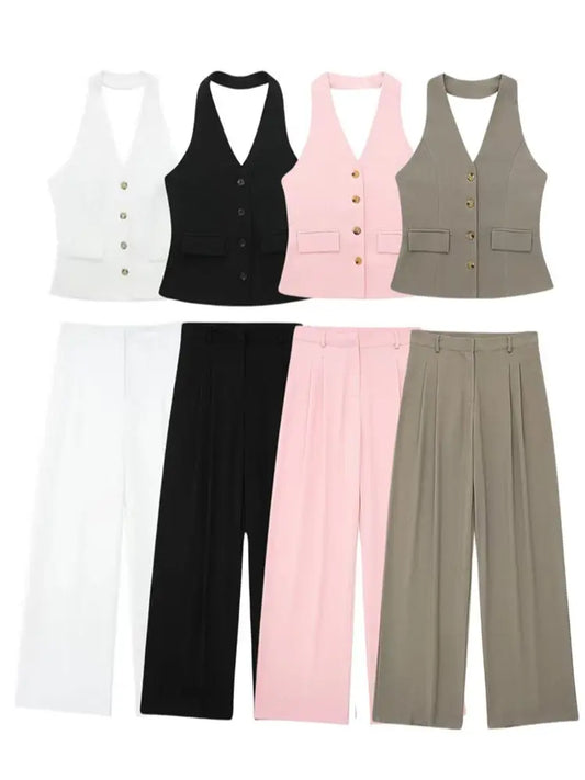 Women's Halter Neck Sleeveless Vest Top & Wide-Leg Pants 2-Piece Set