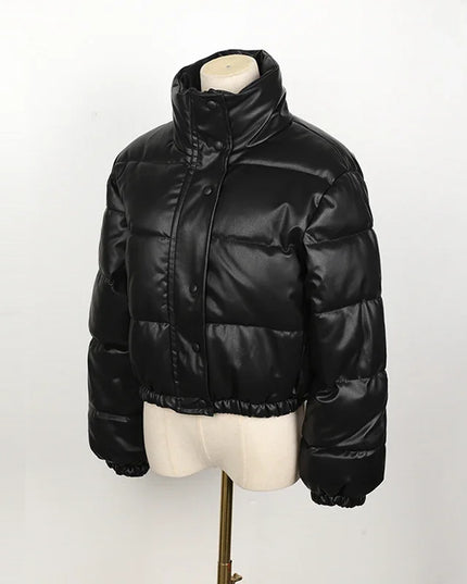 Women's Short PU Leather Parka -  Cotton Padded Down Jacket