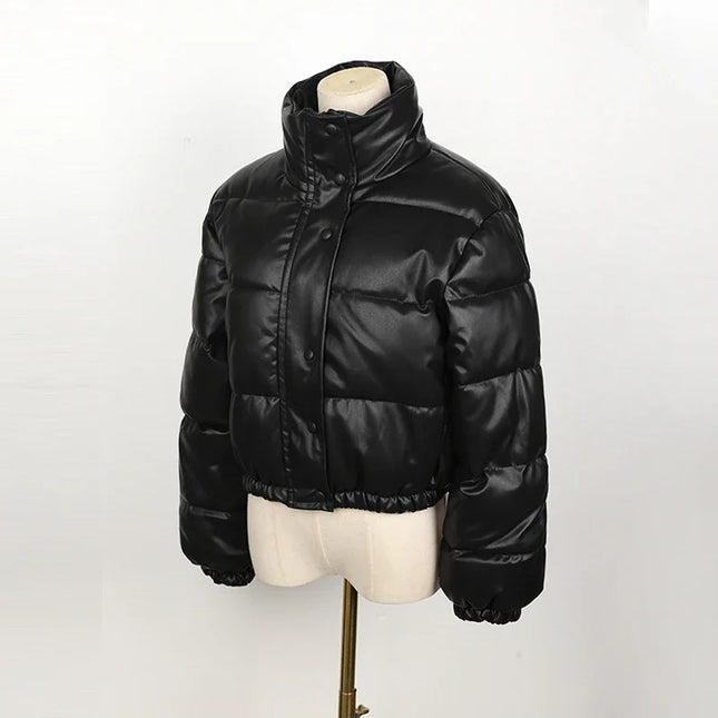 Women's Short PU Leather Parka -  Cotton Padded Down Jacket