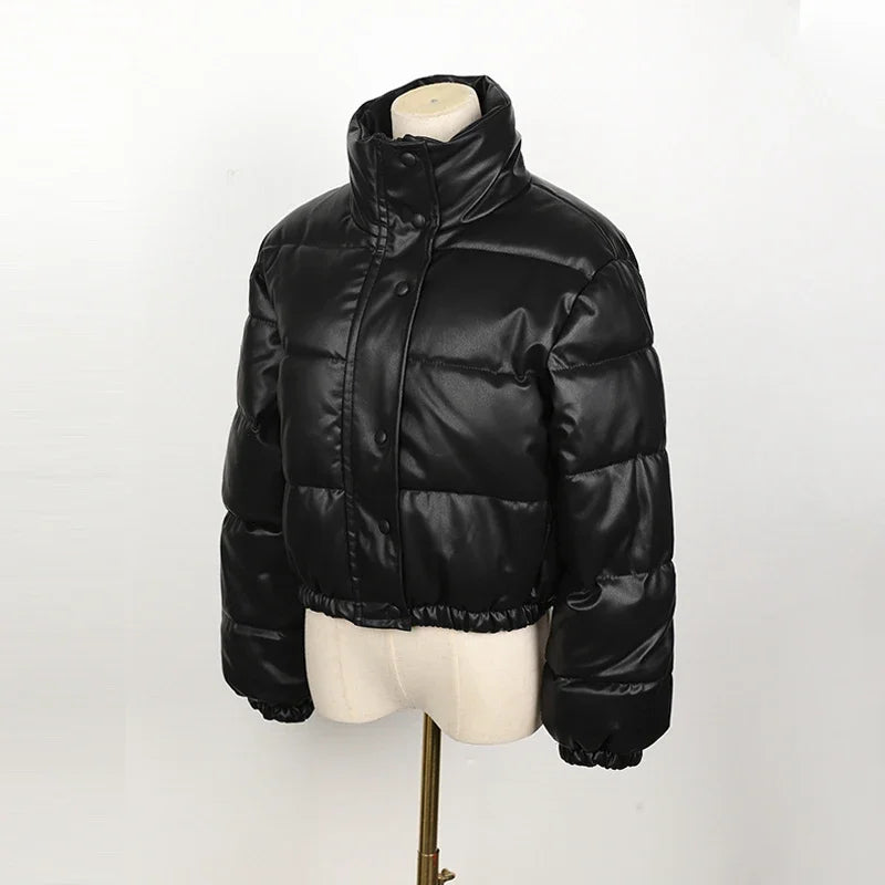 Women's Short PU Leather Parka -  Cotton Padded Down Jacket