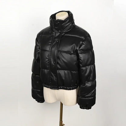 Women's Short PU Leather Parka -  Cotton Padded Down Jacket