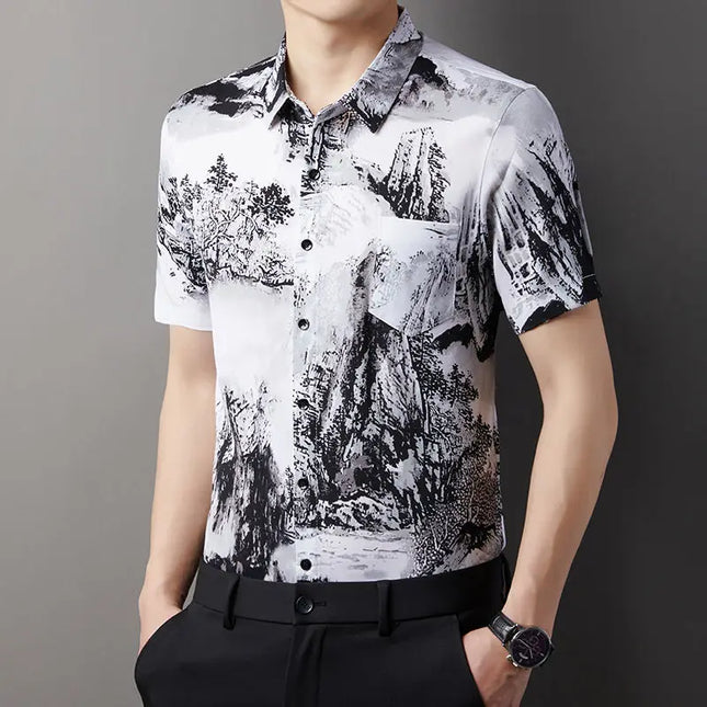 Men's Slim Fit Short Sleeve Floral Print Casual Button-Down Shirt