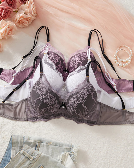 Set of 3 Women's Floral Lace Mesh Spliced Embroidery Push-Up Bras with Double Straps