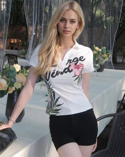 Women's Letter & Floral Print Polo Neck T-Shirt