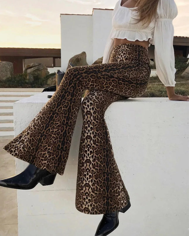 Hugcitar Women's High Waist Leopard Print Flare Pants