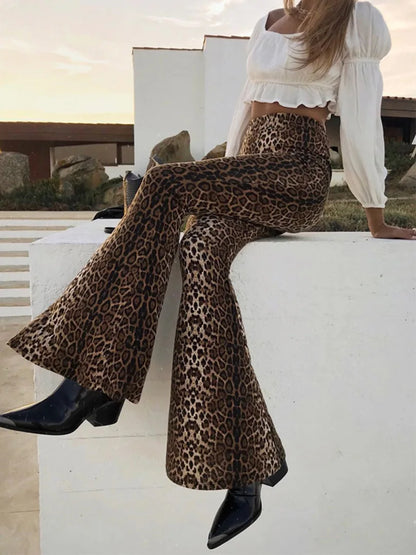 Hugcitar Women's High Waist Leopard Print Flare Pants