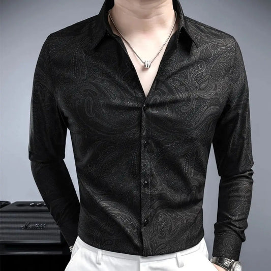 Retro Men's Long Sleeve Shirt – Casual Slim Fit Print Top for Men