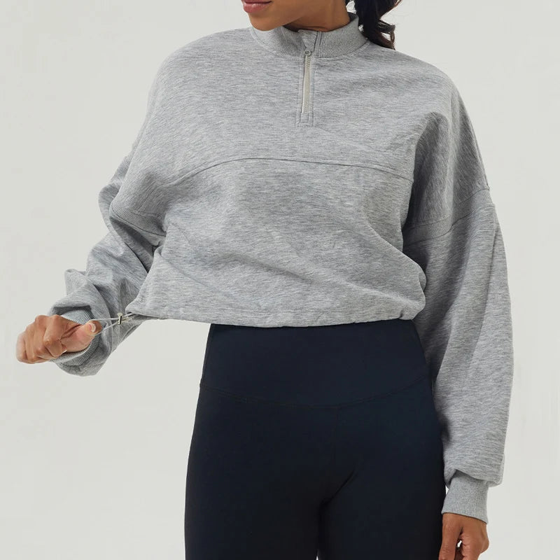 Women's High Neck Oversized Quarter Zip Cropped Sweater with Drawstring