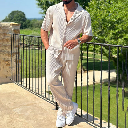 Men's Casual Two-Piece Set - Loose Fit Button-Open Shirt & Breathable, Lightweight Pants