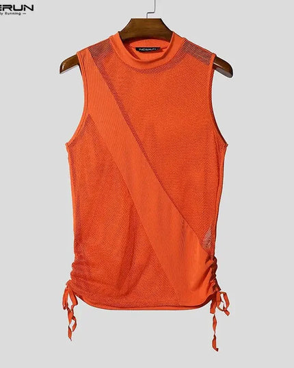 Incerun Men's Mesh Tank Top with Turtleneck and Side Lace Details