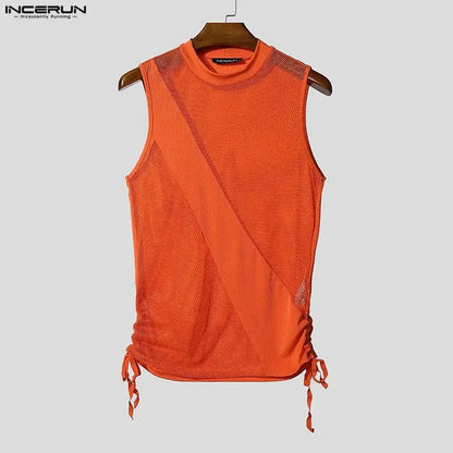 Incerun Men's Mesh Tank Top with Turtleneck and Side Lace Details