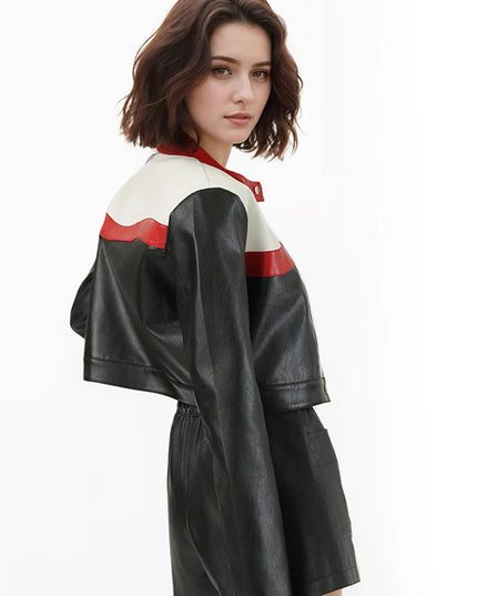Women's Faux PU Leather Motorcycle Jacket with Zipper