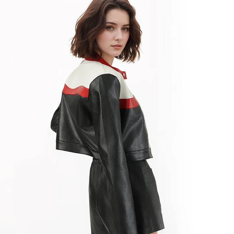 Women's Faux PU Leather Motorcycle Jacket with Zipper