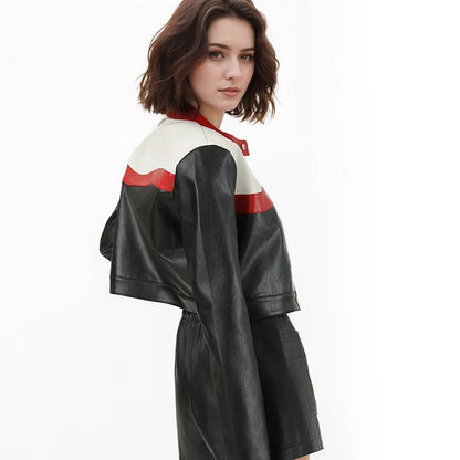 Women's Faux PU Leather Motorcycle Jacket with Zipper