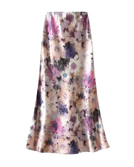Women's High-Waisted Floral Print Satin-Like Long Skirt