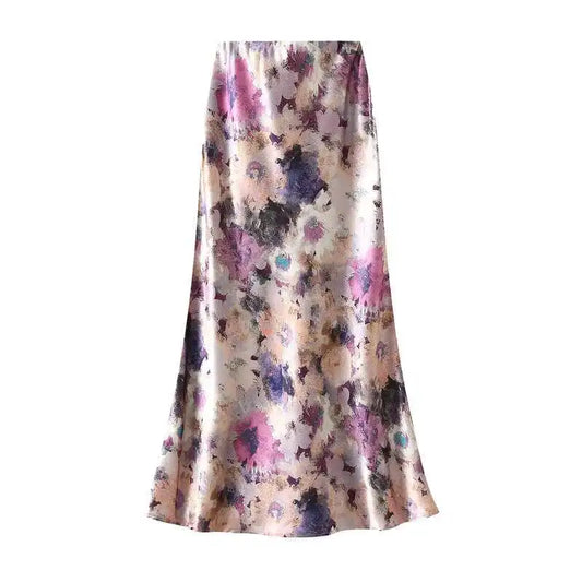 Women's High-Waisted Floral Print Satin-Like Long Skirt