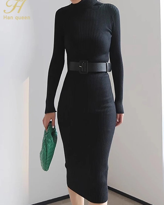 Han Queen Women's Knitted Turtleneck Bodycon Dress with Belt