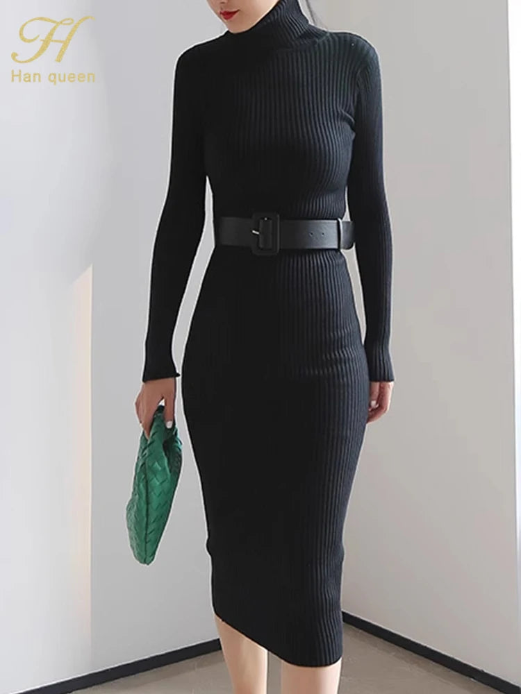 Han Queen Women's Knitted Turtleneck Bodycon Dress with Belt