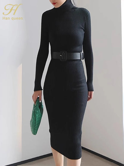 Han Queen Women's Knitted Turtleneck Bodycon Dress with Belt