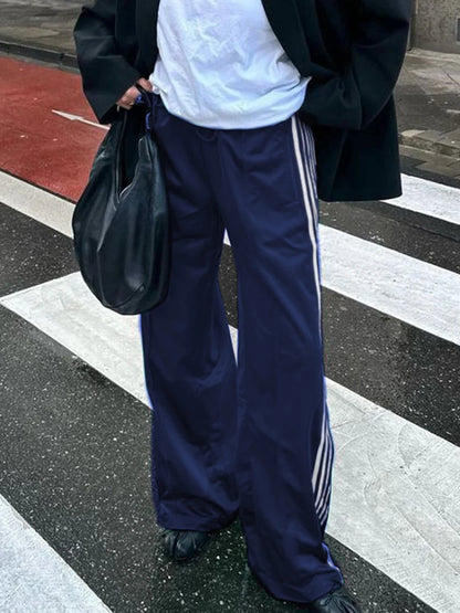 Women's Wide Leg Track Pants - Baggy Side Striped Sweatpants with Elastic Waistband