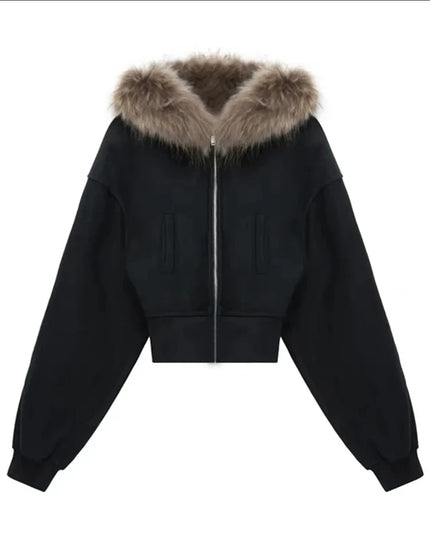 Women's Faux Fur Collar Cropped Zipper Hooded Jacket