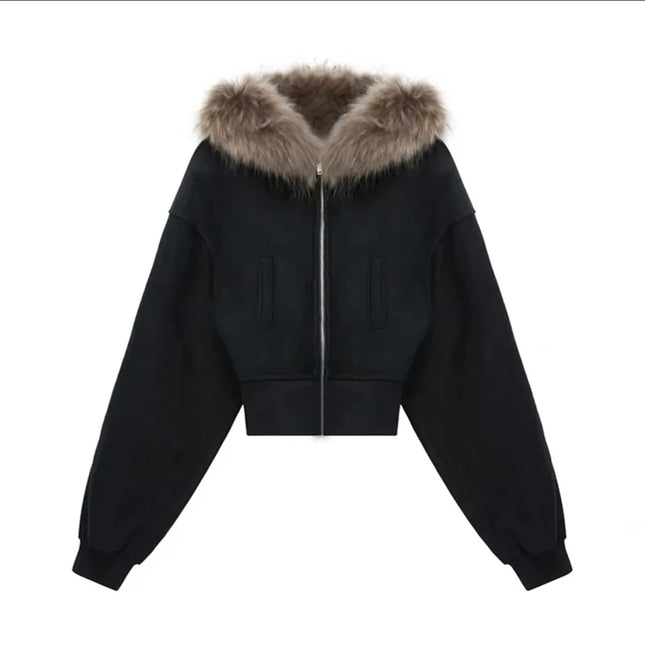 Women's Faux Fur Collar Cropped Zipper Hooded Jacket