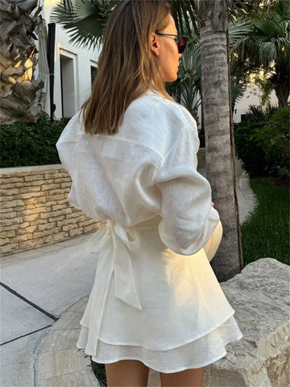 Elegant Women's Two-Piece Set – Long Sleeve Button Shirt & High-Waisted Lace-Up Mini Skirt