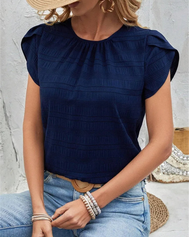 Women's Short Sleeve Loose Fit Round Neck Petal Sleeve Blouse