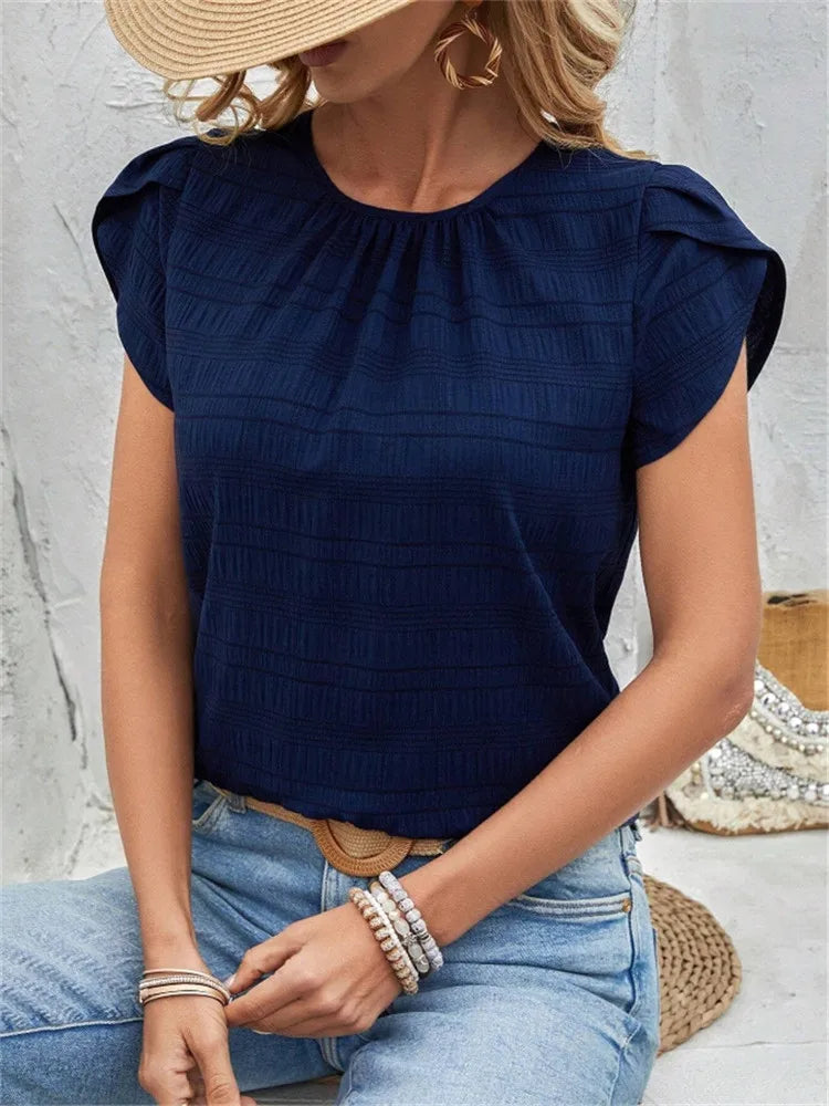 Women's Short Sleeve Loose Fit Round Neck Petal Sleeve Blouse