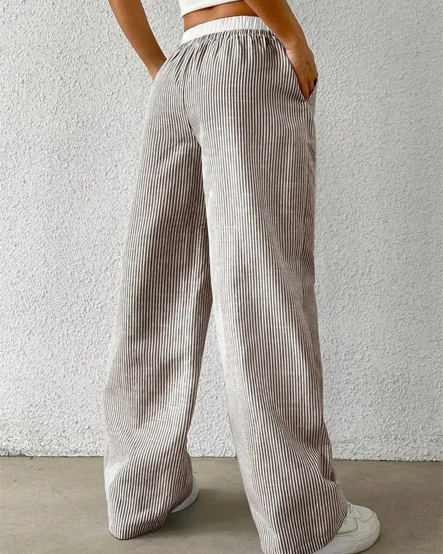 High-Waisted Wide Leg Pants for Women with Stripes, Drawstring, and Loose Fit