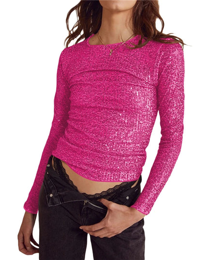 Sequin Long Sleeve Crop Top for Women with Round Neck and Glitter Finish