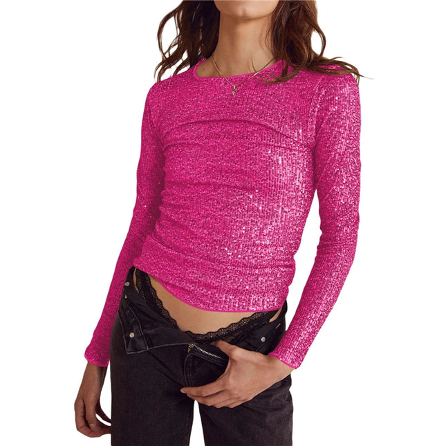 Sequin Long Sleeve Crop Top for Women with Round Neck and Glitter Finish
