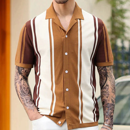 Men's Breathable Striped Knit Patchwork Polo Shirt - Short Sleeve Button-Up