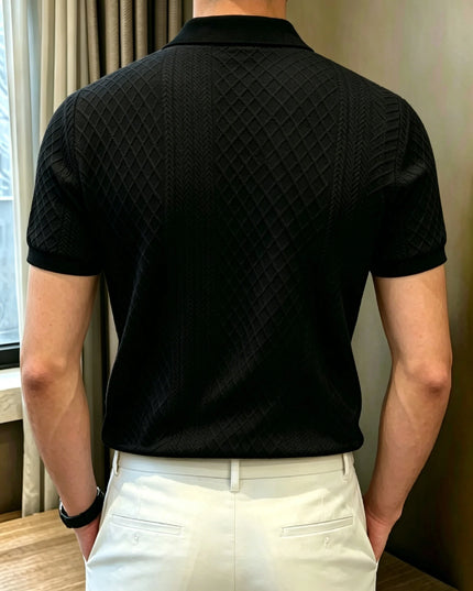 Men’s Jacquard Polo Shirt with Short Sleeves, Ribbed Collar, and 2-Button Placket