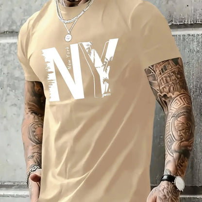 Men's 100% Cotton Casual T-Shirt with NY Letter Print